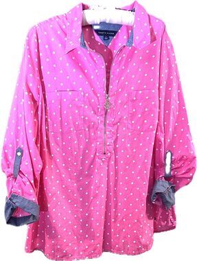 Tommy Hilfiger Top Sz 1X Cotton Blouse
 1/2 Zip Roll tab Sleeve Blue cuffs